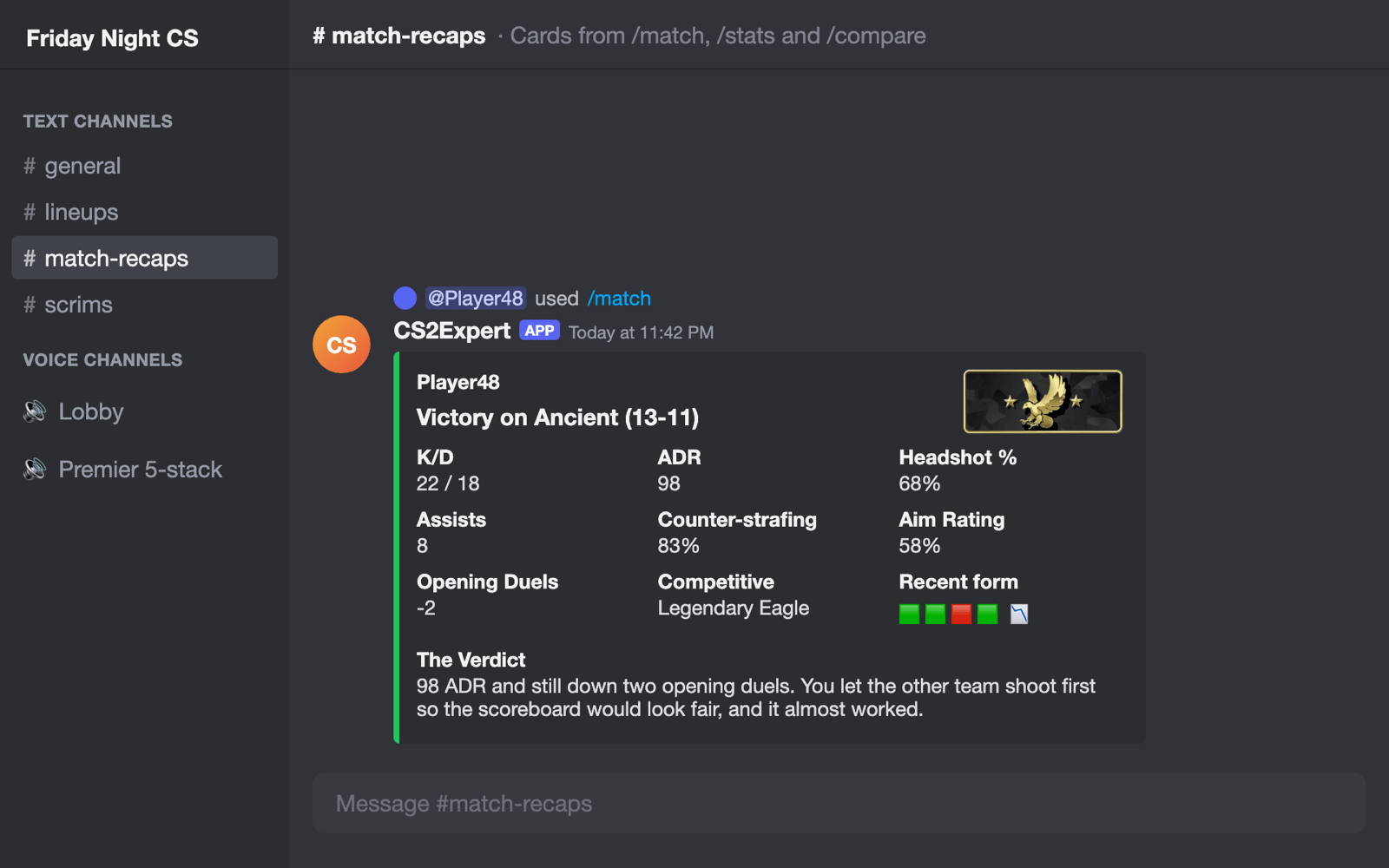 A CS2Expert match card in Discord showing K/D, ADR, headshot percentage, rank, and an AI-written verdict.