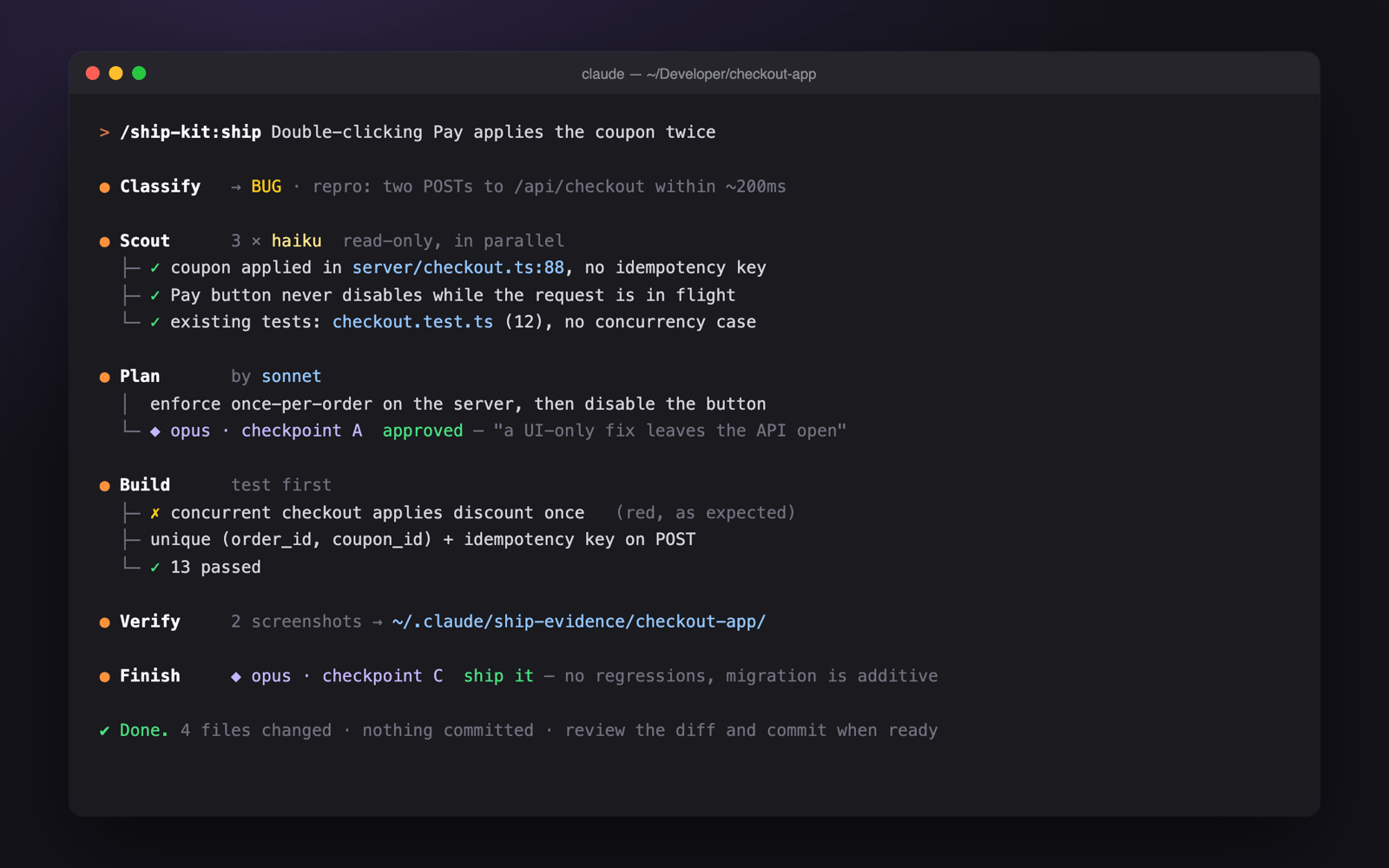 A ship-kit run in the terminal with Haiku scouts, a Sonnet plan approved by an Opus checkpoint, a failing test made to pass, and a final Opus review.